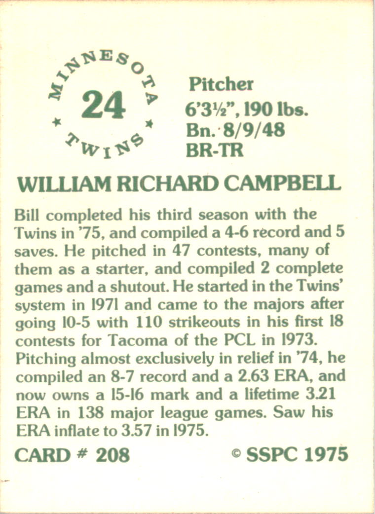 1976 SSPC #208 Bill Campbell back image