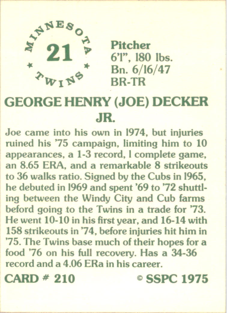 1976 SSPC #210 Joe Decker back image