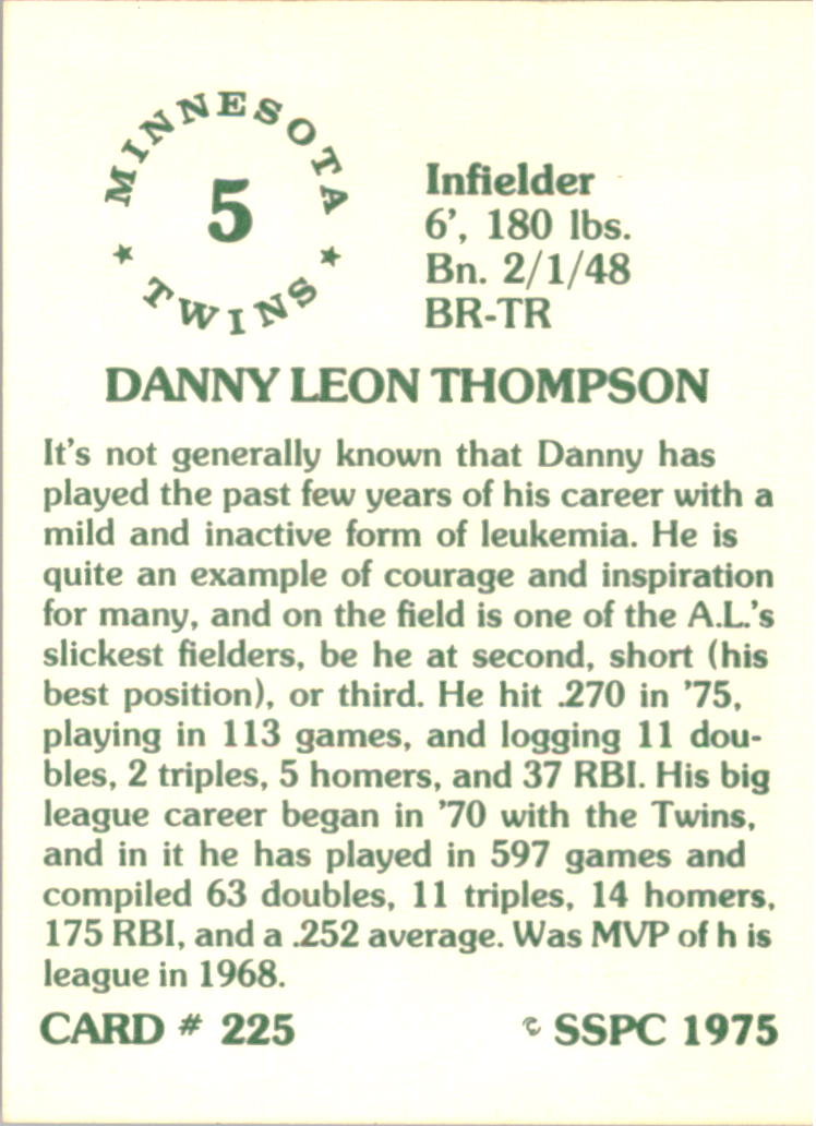 1976 SSPC #225 Danny Thompson back image