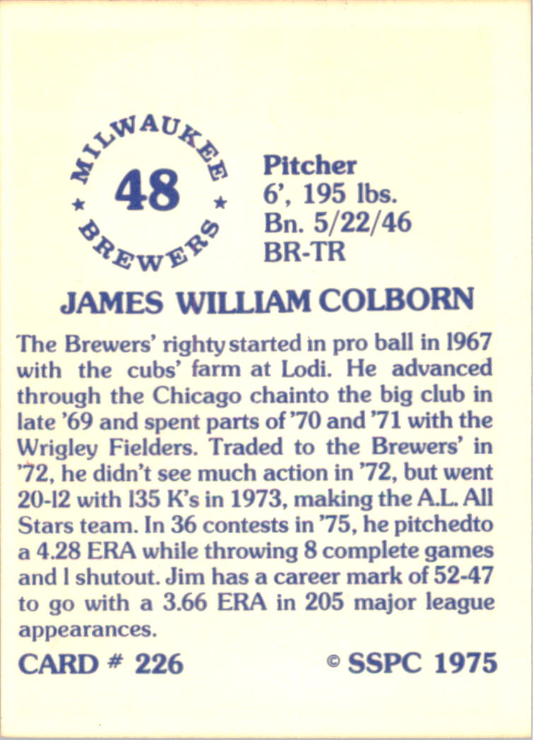 1976 SSPC #226 Jim Colborn back image