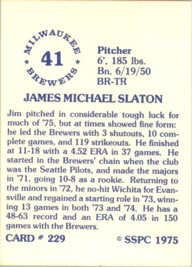 1976 SSPC #229 Jim Slaton back image
