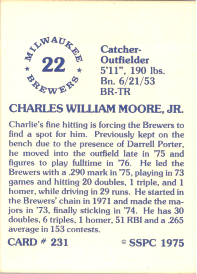 1976 SSPC #231 Charlie Moore back image