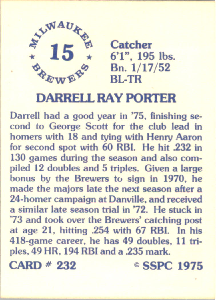 1976 SSPC #232 Darrell Porter back image
