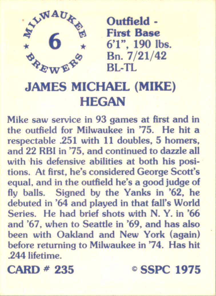 1976 SSPC #235 Mike Hegan back image
