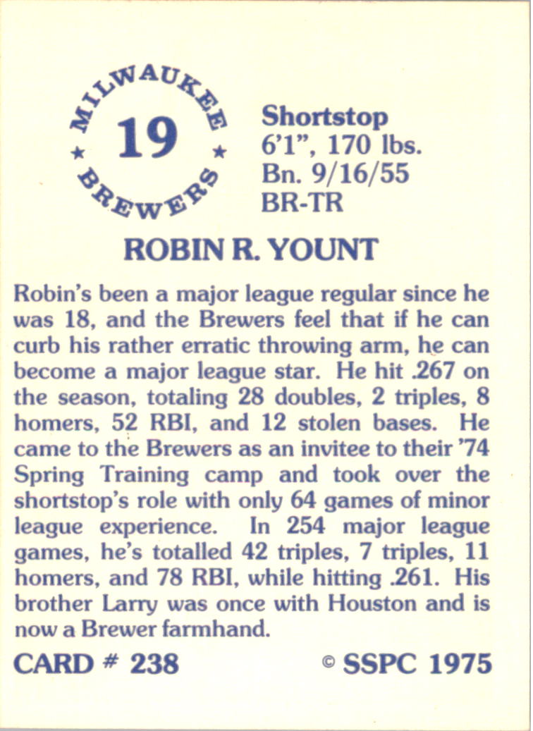 1976 SSPC #238 Robin Yount back image