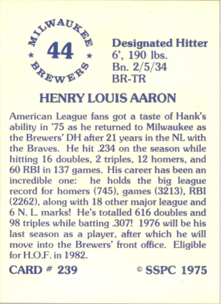 1976 SSPC #239 Hank Aaron back image