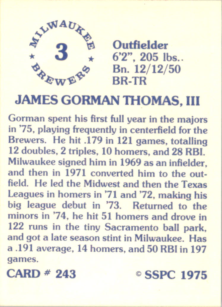 1976 SSPC #243 Gorman Thomas back image