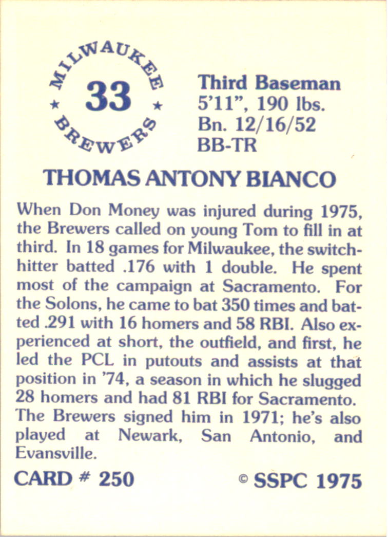 1976 SSPC #250 Tom Bianco back image