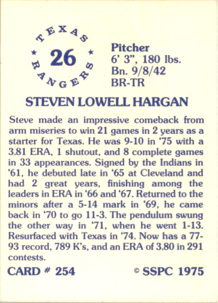 1976 SSPC #254 Steve Hargan back image