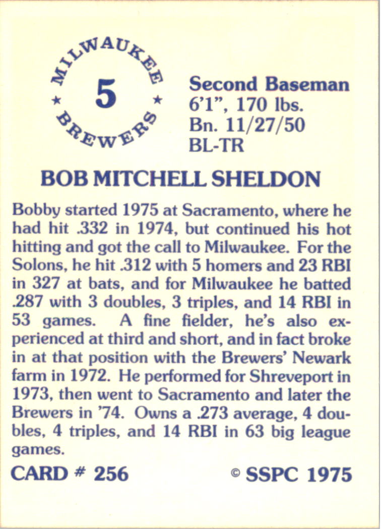1976 SSPC #256 Bob Sheldon back image