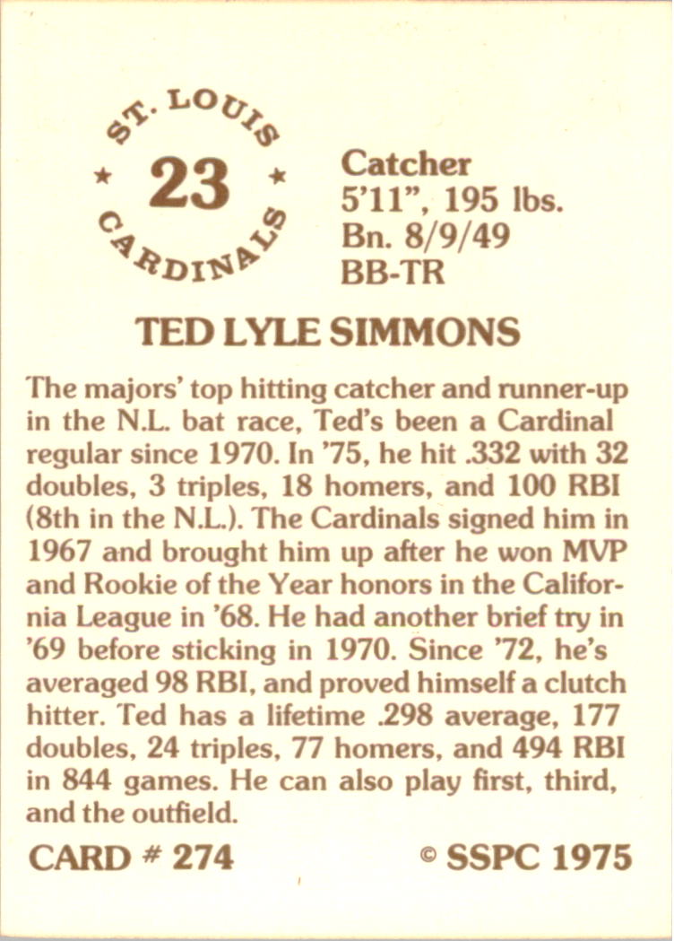 1976 SSPC #274 Ted Simmons back image