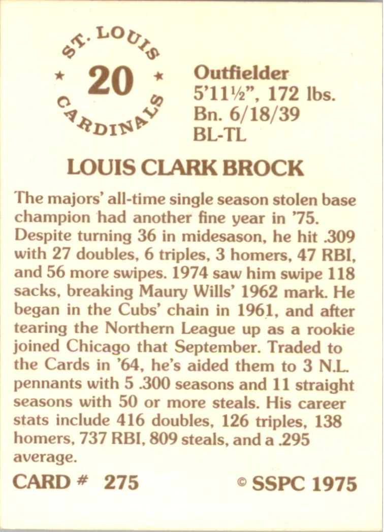 1976 SSPC #275 Lou Brock back image