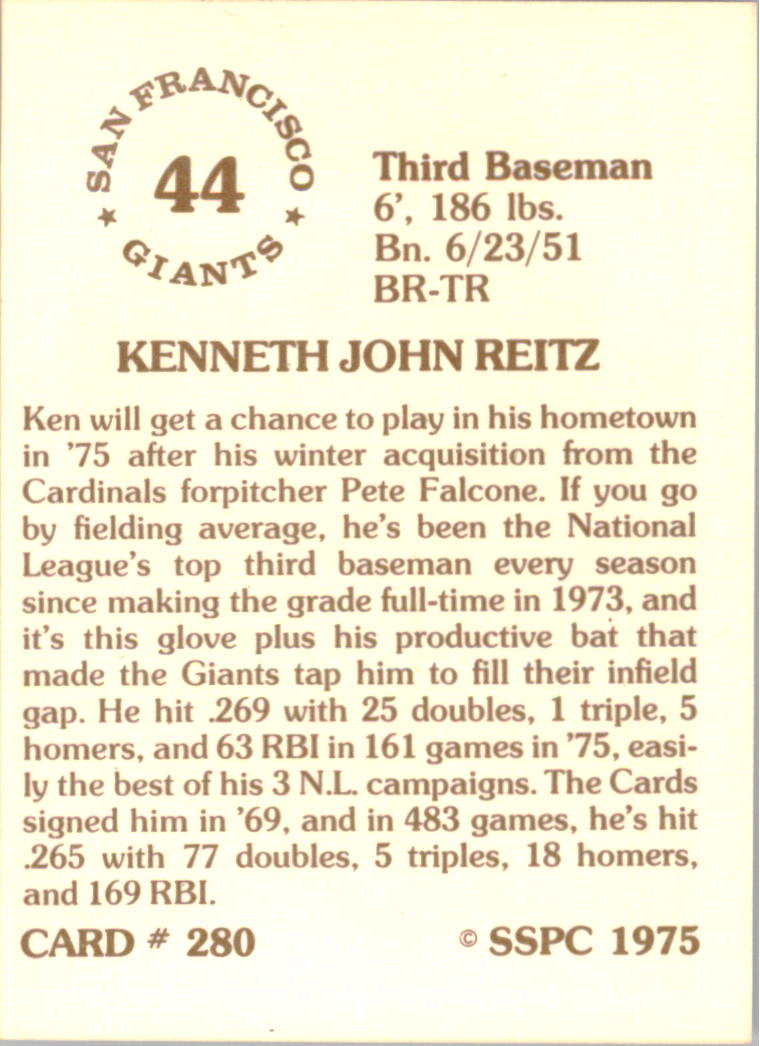 1976 SSPC #280 Ken Reitz back image