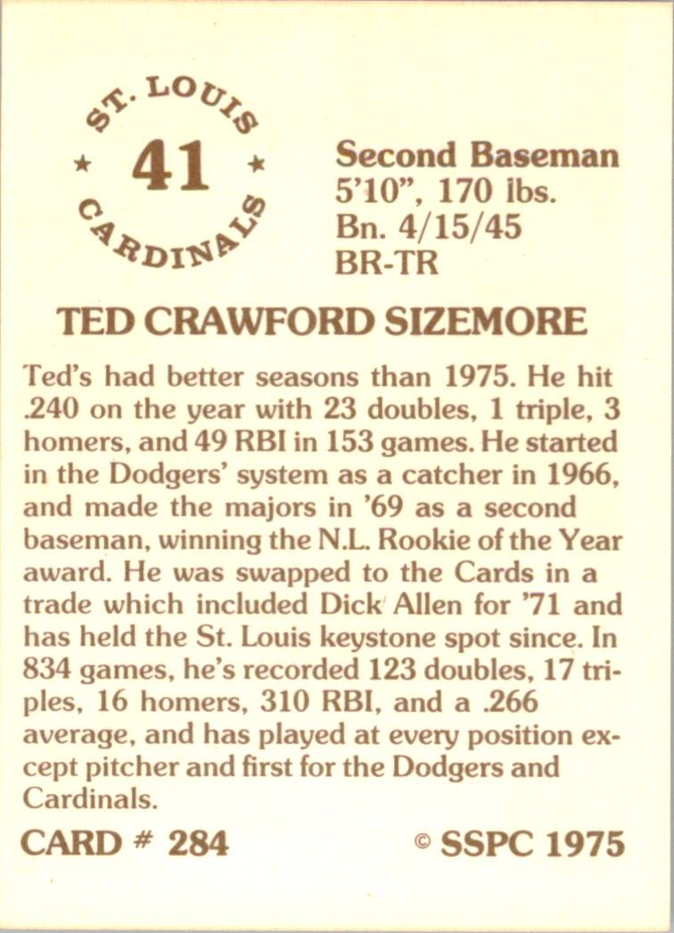 1976 SSPC #284 Ted Sizemore back image