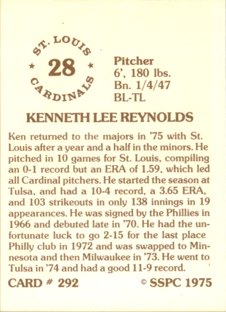1976 SSPC #292 Ken Reynolds back image