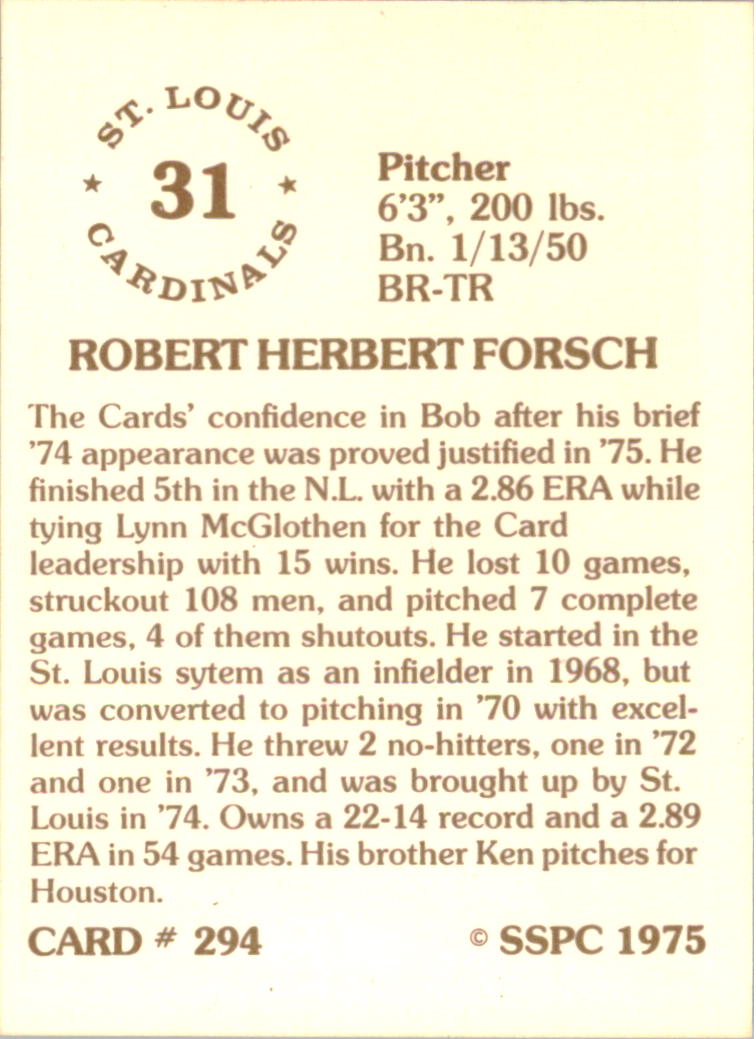 1976 SSPC #294 Bob Forsch back image