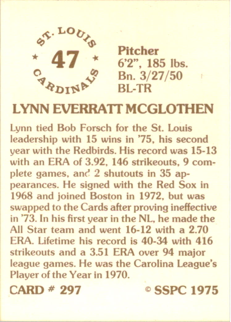 1976 SSPC #297 Lynn McGlothen back image