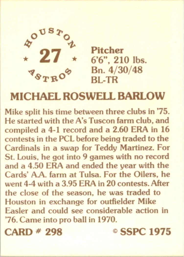 1976 SSPC #298 Mike Barlow back image