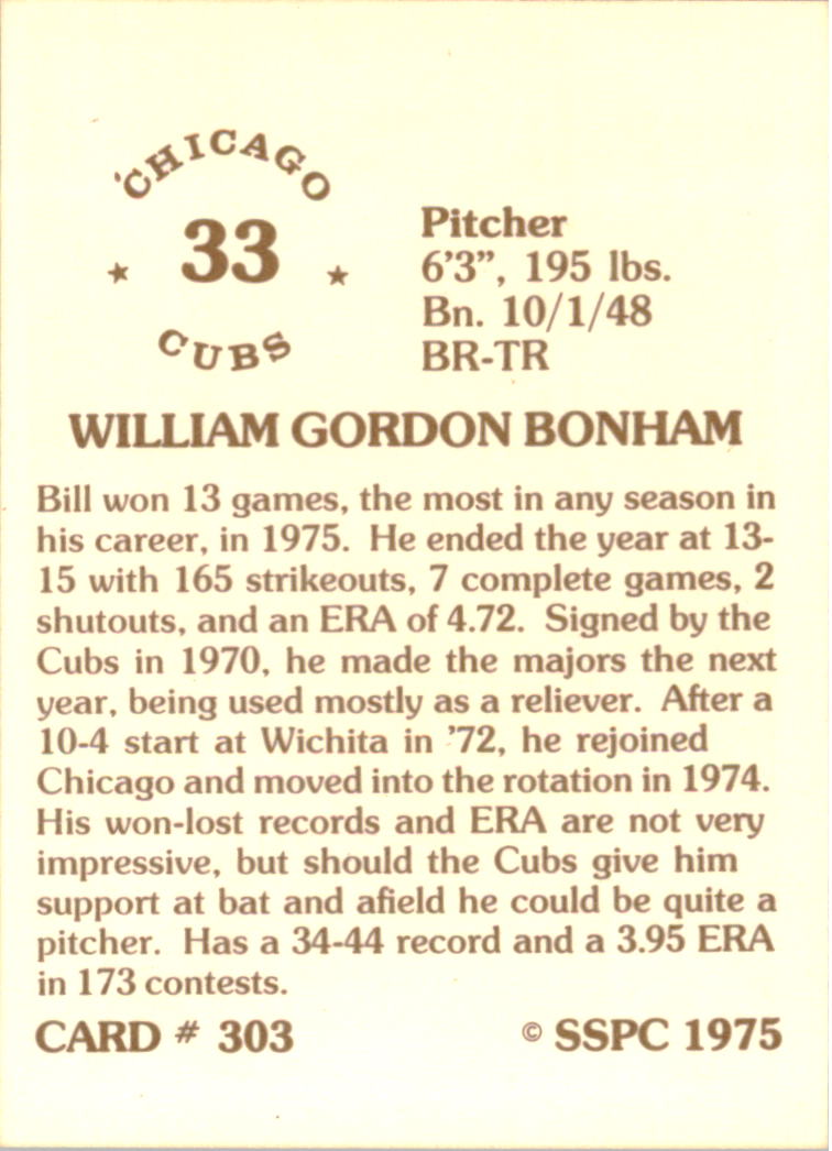 1976 SSPC #303 Bill Bonham back image