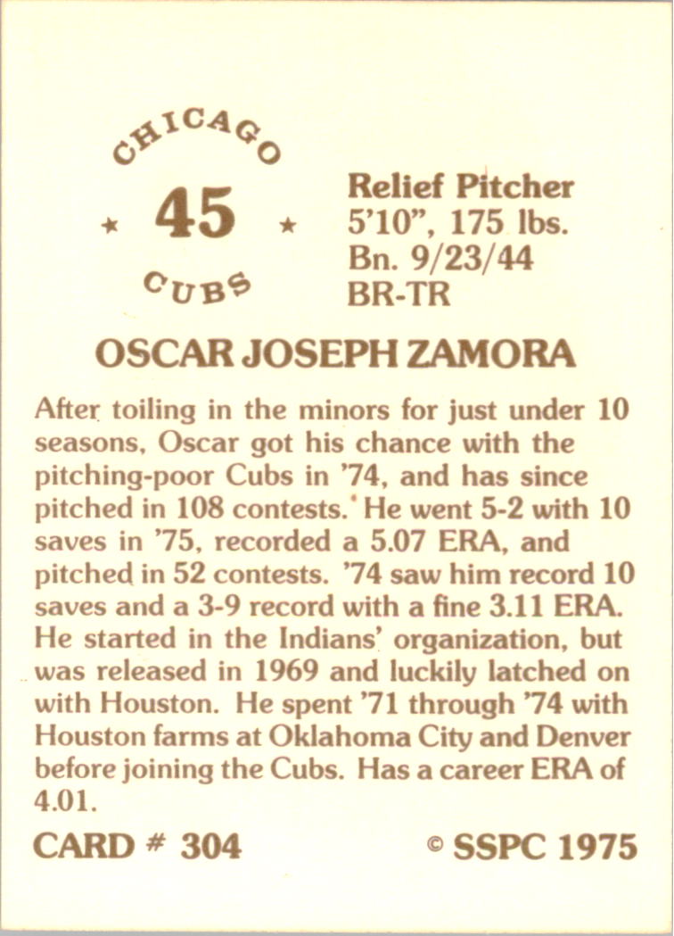 1976 SSPC #304 Oscar Zamora back image