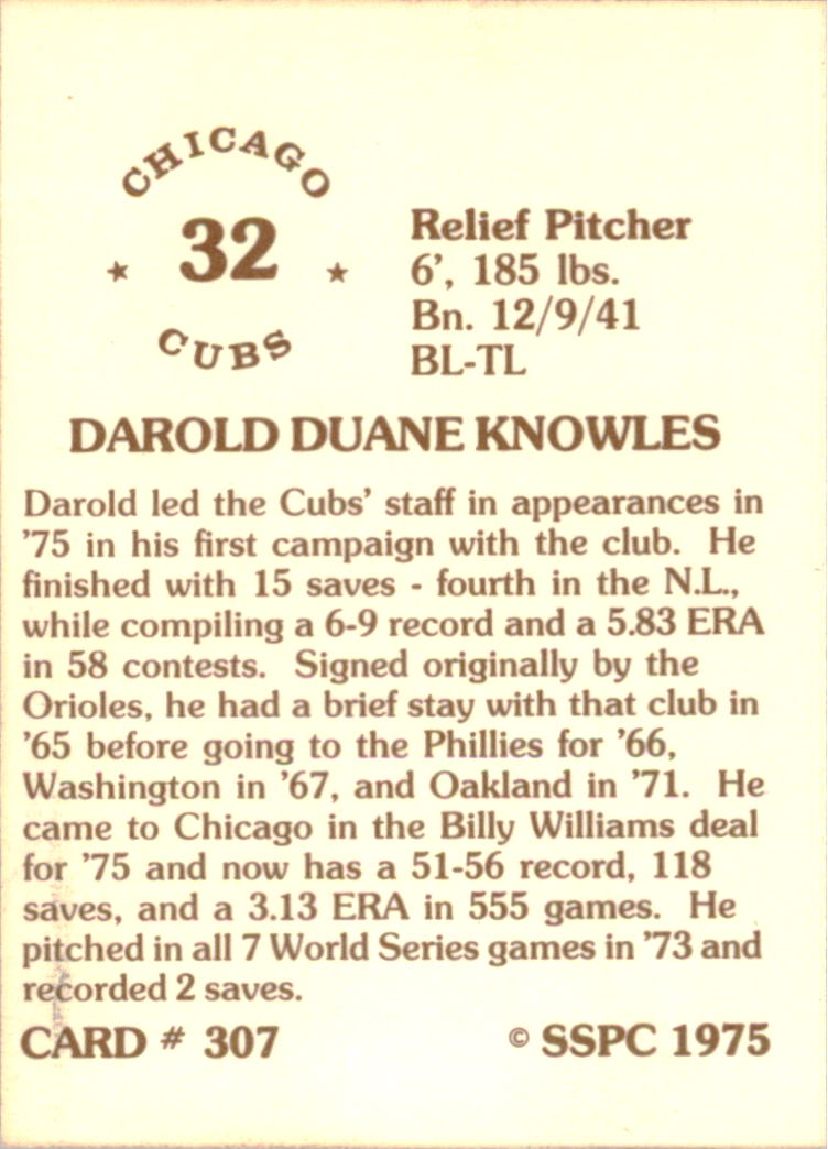 1976 SSPC #307 Darold Knowles back image