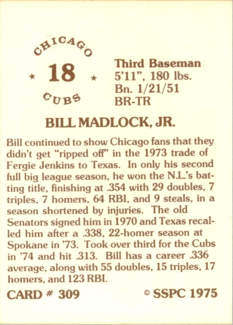 1976 SSPC #309 Bill Madlock back image