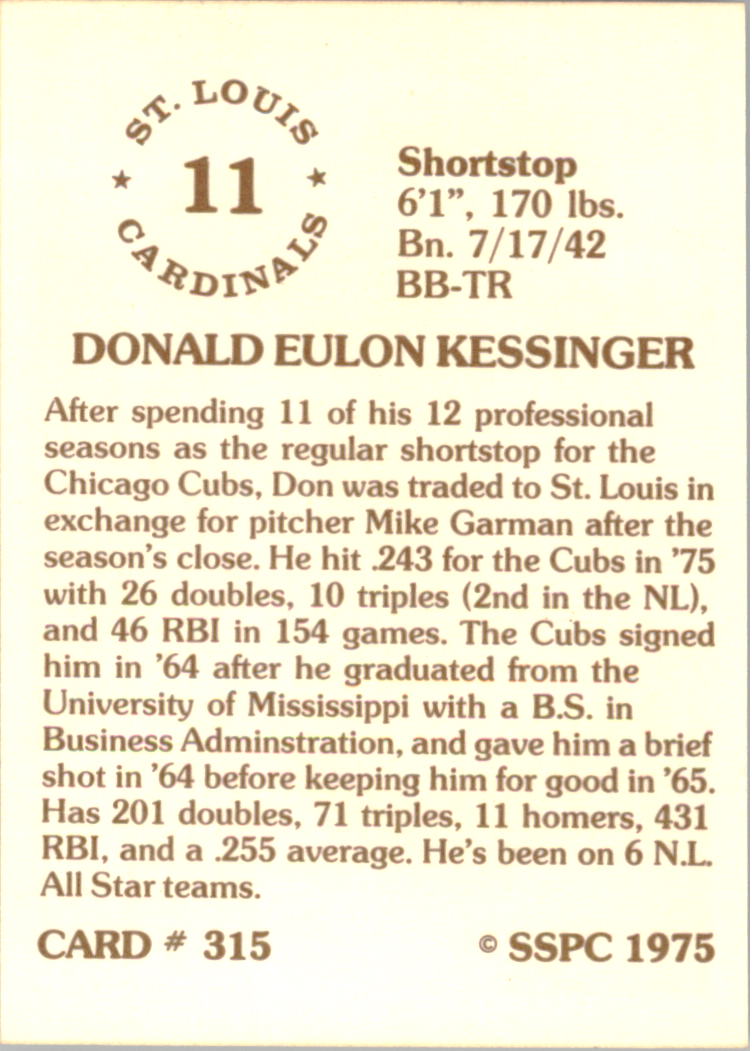 1976 SSPC #315 Don Kessinger back image