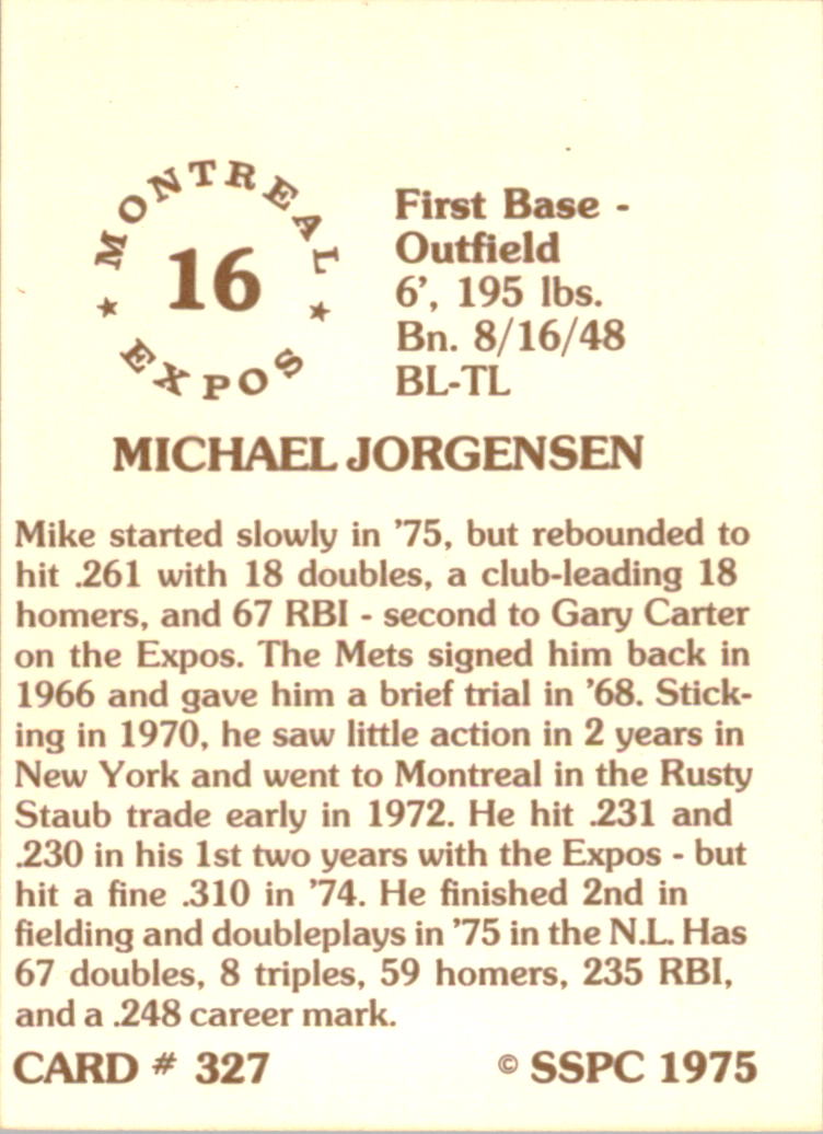 1976 SSPC #327 Mike Jorgensen back image