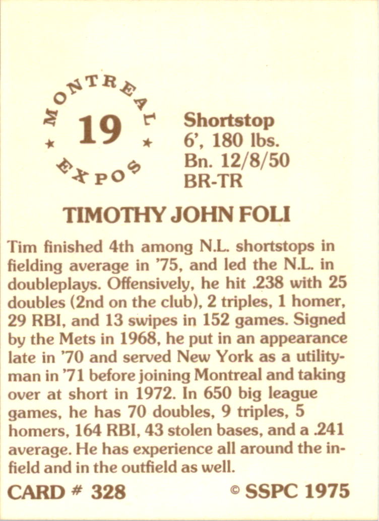 1976 SSPC #328 Tim Foli back image