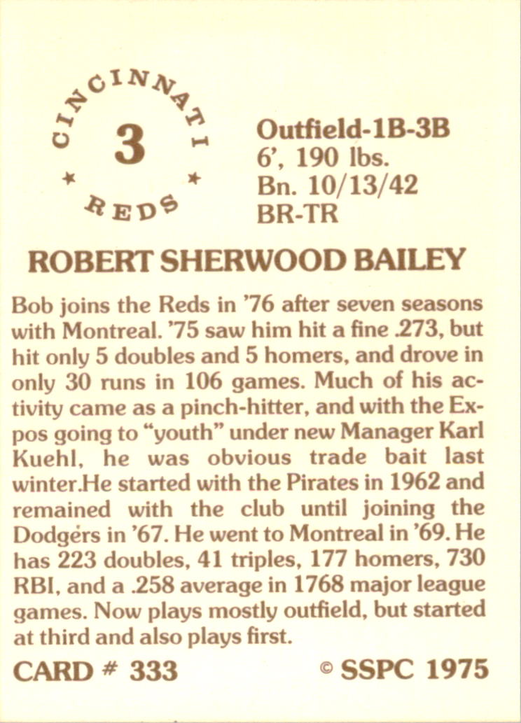 1976 SSPC #333 Bob Bailey back image