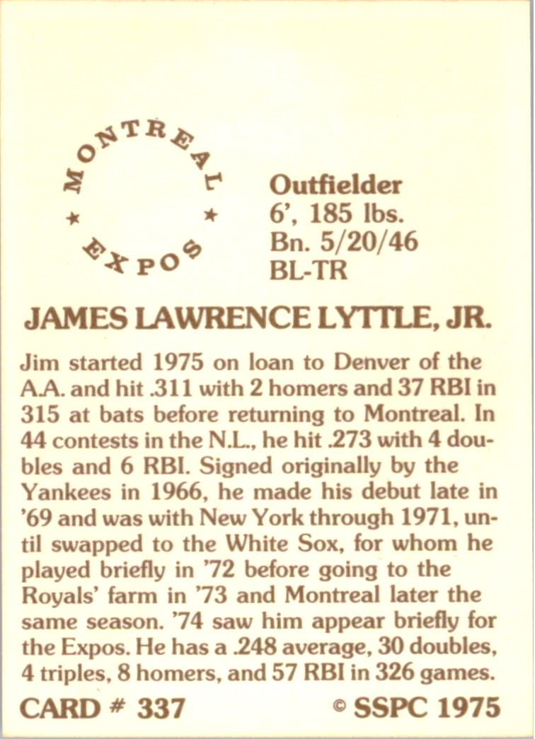 1976 SSPC #337 Jim Lyttle back image