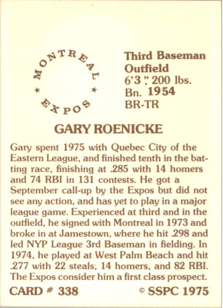 1976 SSPC #338 Gary Roenicke back image