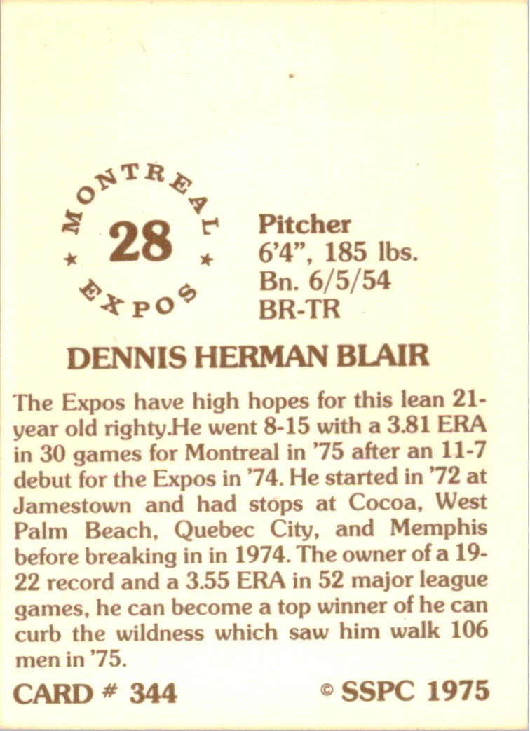1976 SSPC #344 Dennis Blair back image