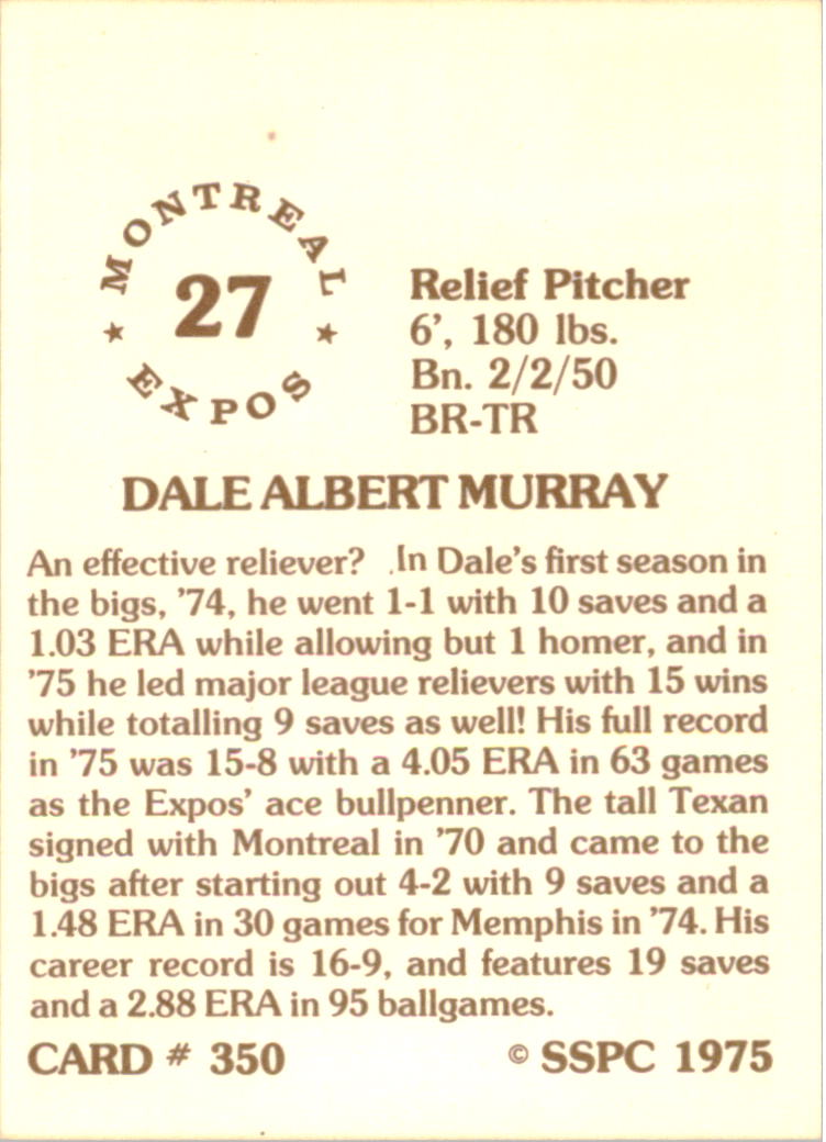 1976 SSPC #350 Dale Murray back image
