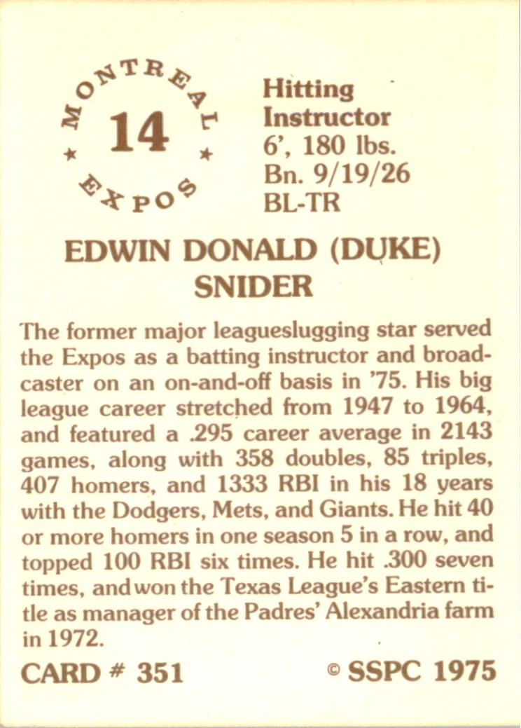 1976 SSPC #351 Duke Snider CO back image