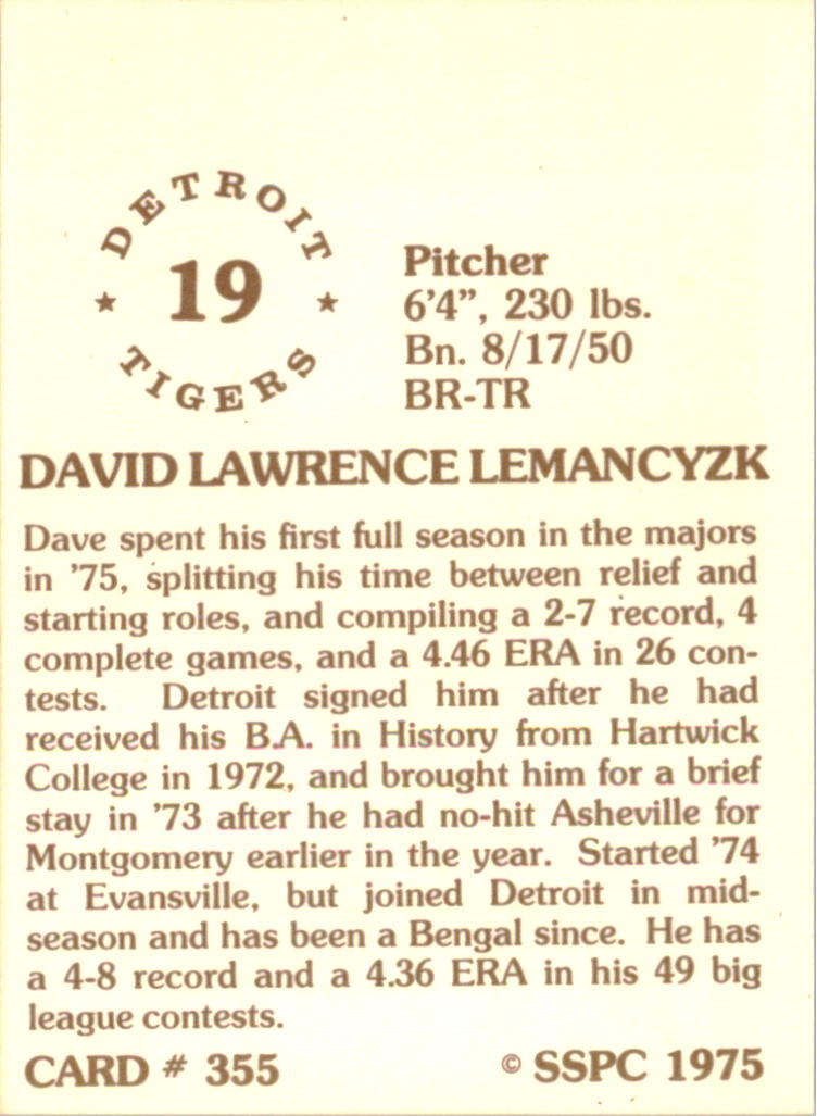 1976 SSPC #355 Dave Lemancyzk back image