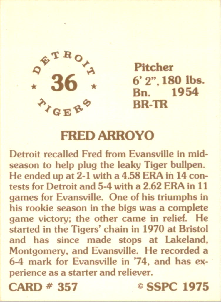 1976 SSPC #357 Fred Arroyo back image