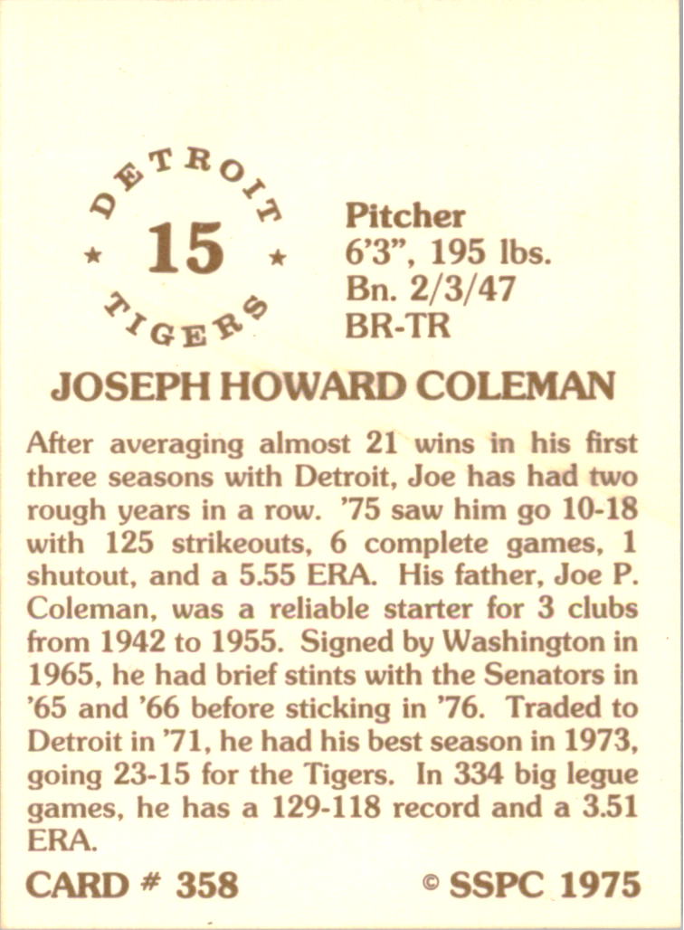 1976 SSPC #358 Joe Coleman back image