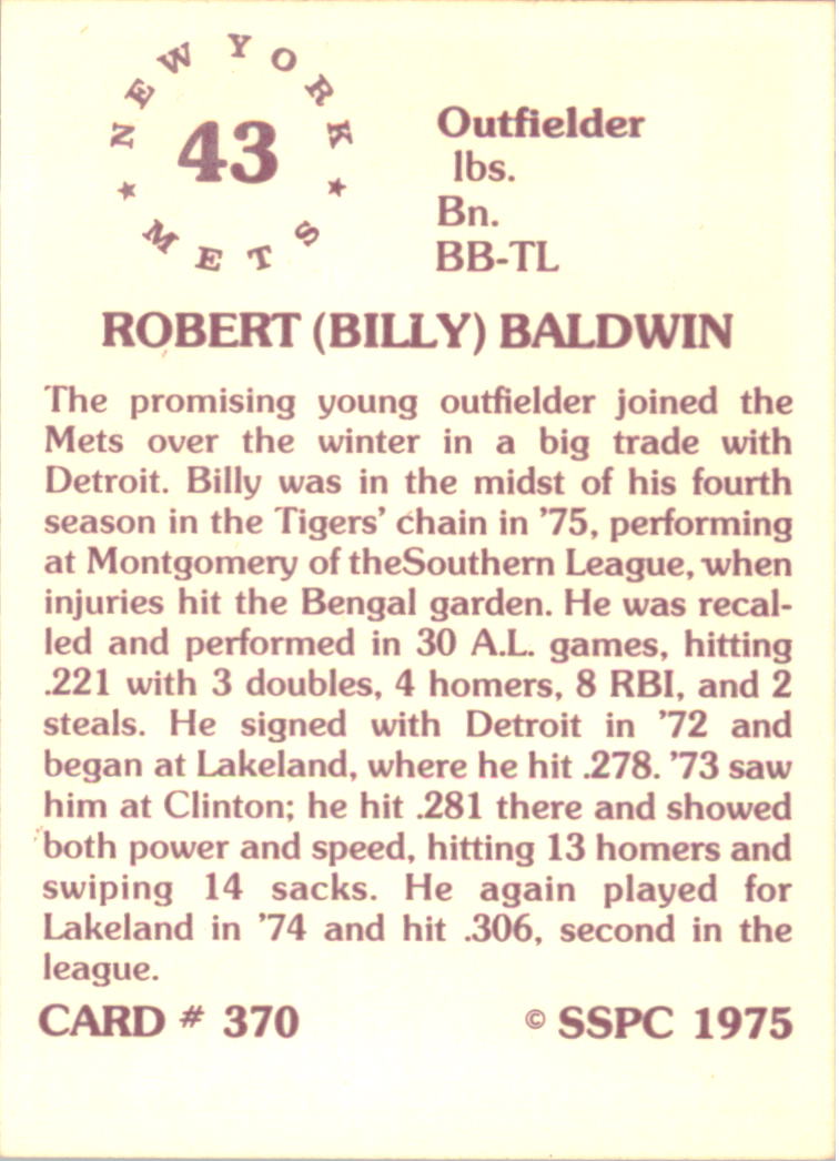 1976 SSPC #370 Billy Baldwin back image