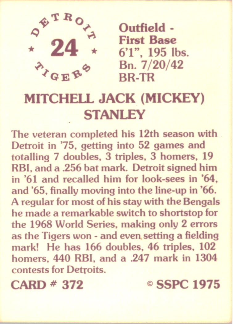 1976 SSPC #372 Mickey Stanley back image