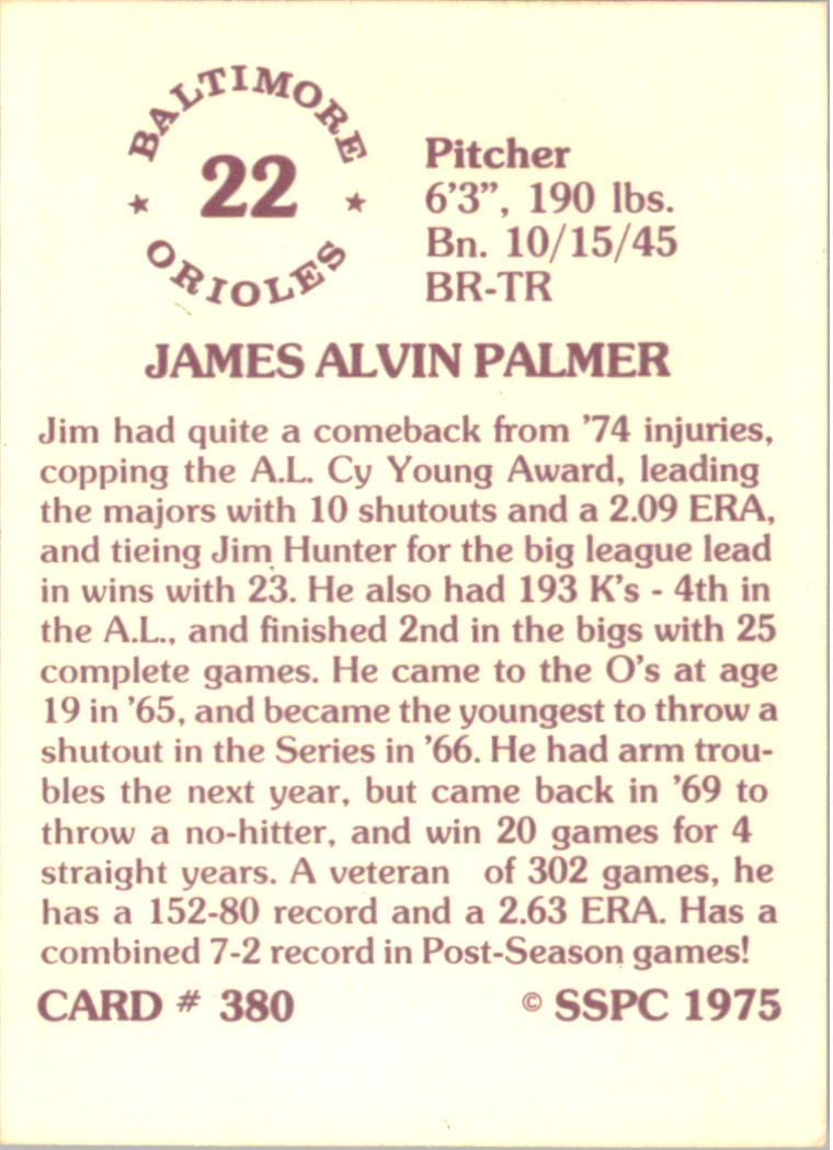 1976 SSPC #380 Jim Palmer back image