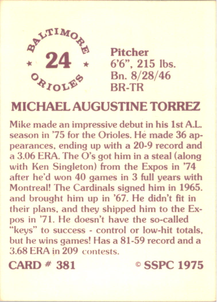 1976 SSPC #381 Mike Torrez back image