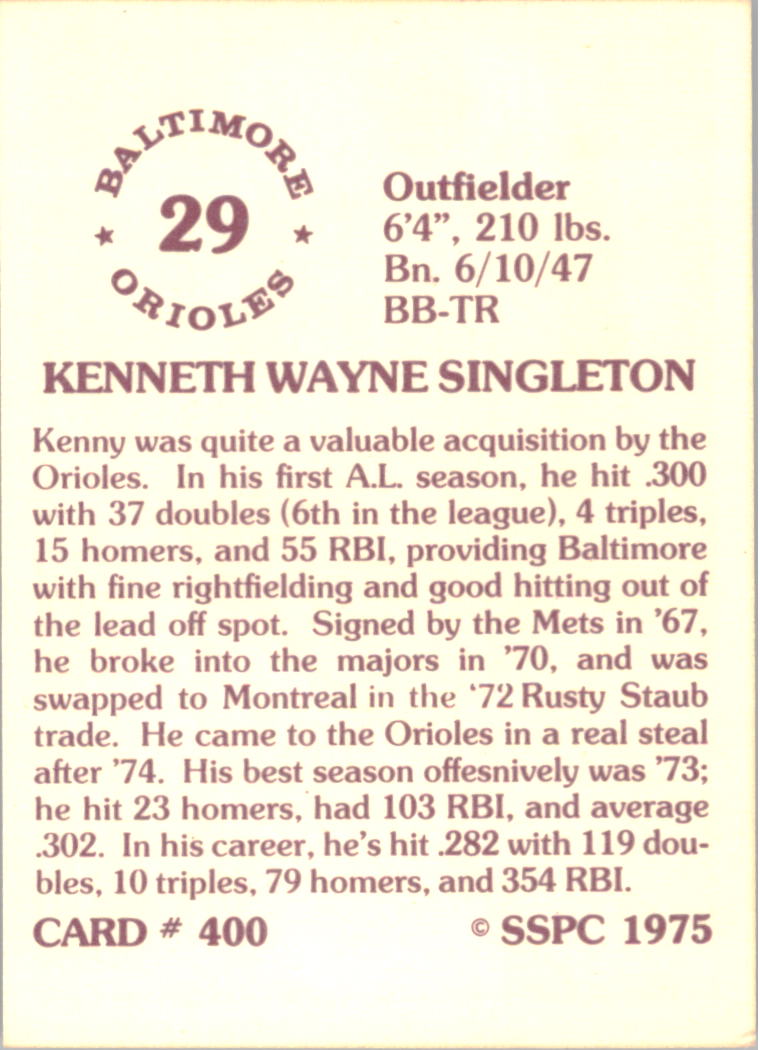 1976 SSPC #400 Ken Singleton back image