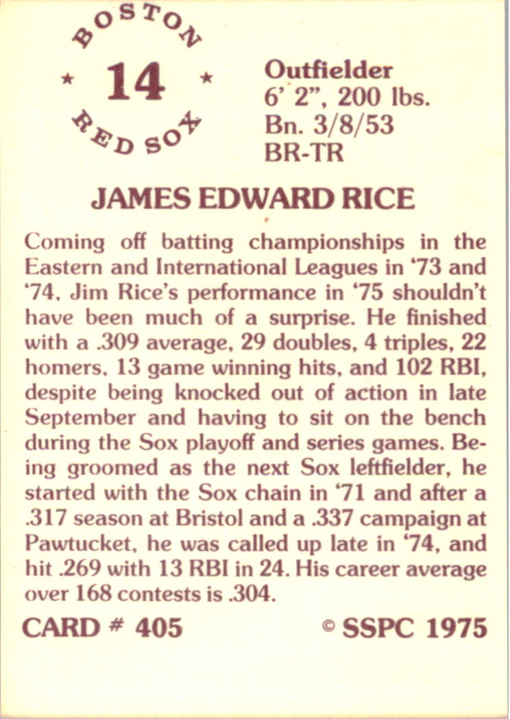 1976 SSPC #405 Jim Rice back image