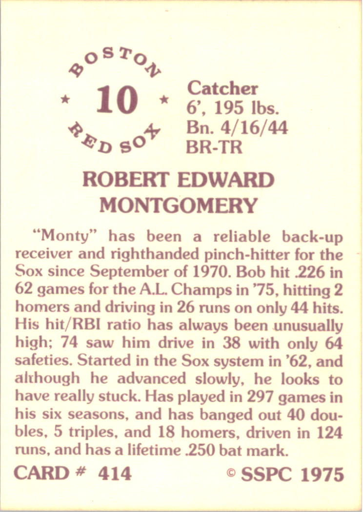 1976 SSPC #414 Bob Montgomery back image