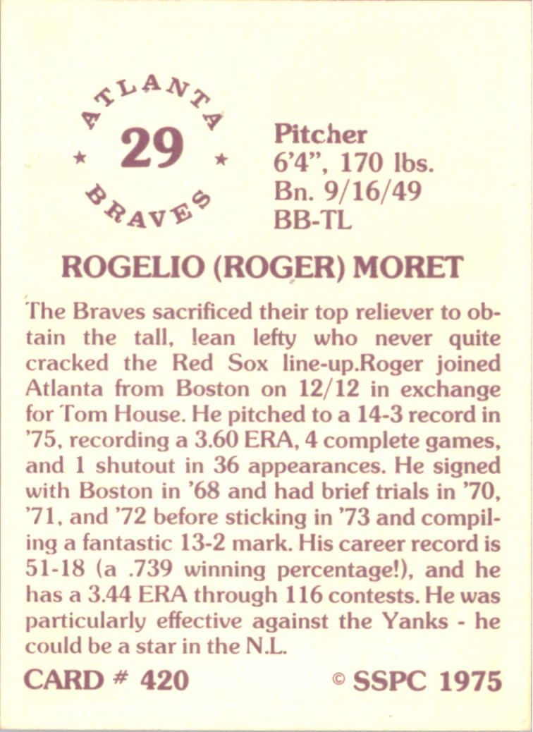 1976 SSPC #420 Rogelio Moret back image