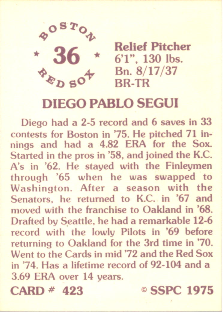1976 SSPC #423 Diego Segui back image