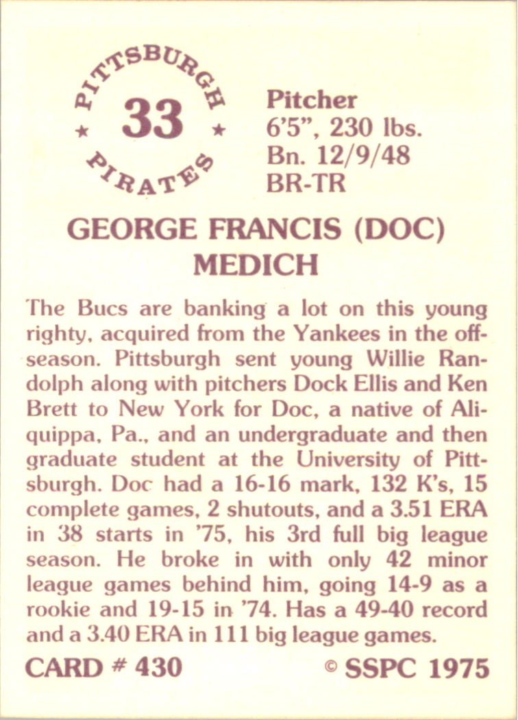 1976 SSPC #430 Doc Medich back image