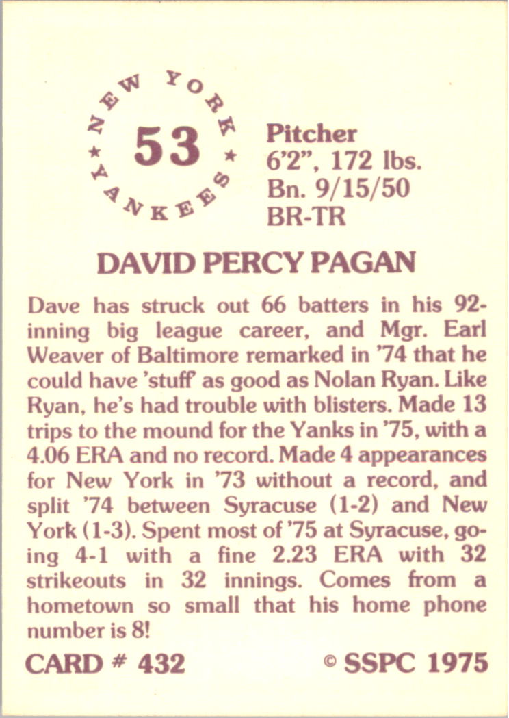 1976 SSPC #432 Dave Pagan back image