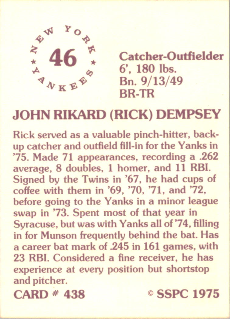 1976 SSPC #438 Rick Dempsey back image